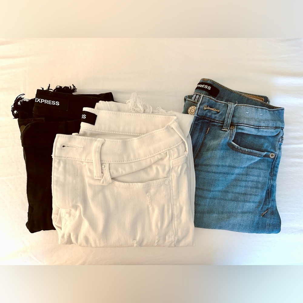 3 Pairs - Express Distressed Jeans - Denim, Black & White, 4R Stretch Mid Rise